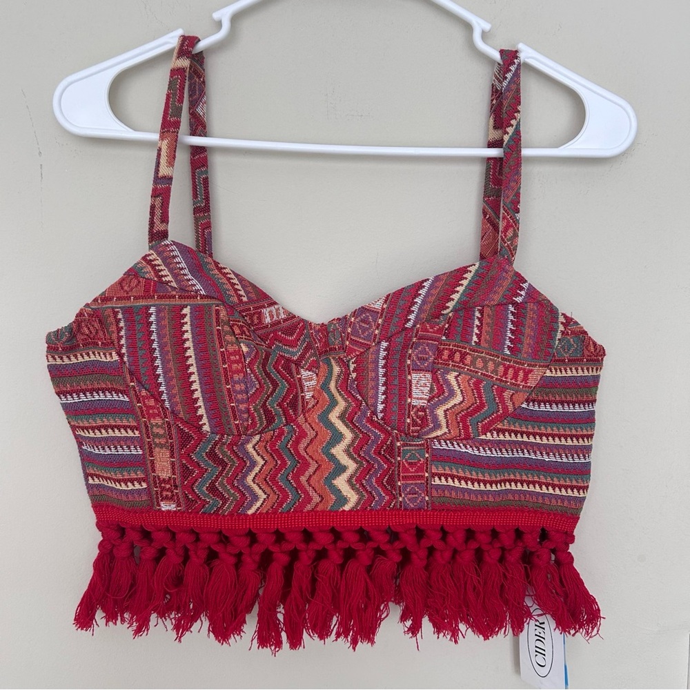 NWT Cider Multicolor Boho Geometric Crop corset top Red Tassels. Size Medium